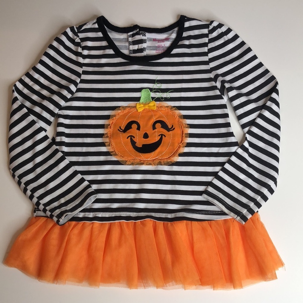 NANNETTE KIDS Black White Stripe Halloween Appliqué Pumpkin Top Orange Tulle 5